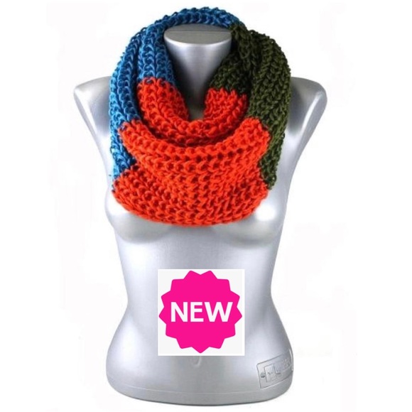 NEW Winter Knit Infinity Scarf Orange Green Blue Striped Scarf - Picture 3 of 5